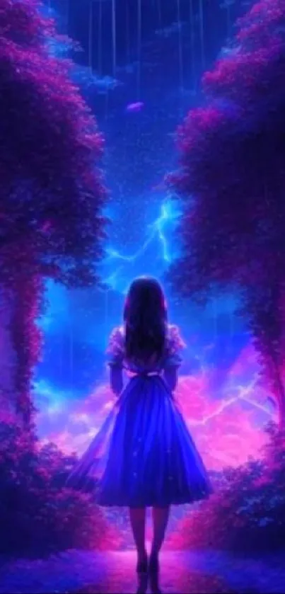 Enchanting mystical forest with vibrant lightning under an electric blue sky.