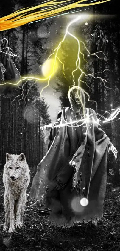 Mystical forest scene with lightning, wolf, and enigmatic figures.