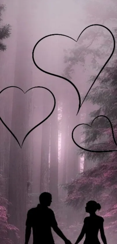 Silhouetted couple with hearts in a lavender forest.