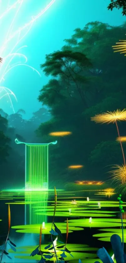 Mystical forest wallpaper with glowing flora and serene pond.