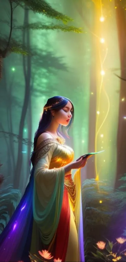 Fantasy maiden in a glowing forest with vibrant colors and magical atmosphere.