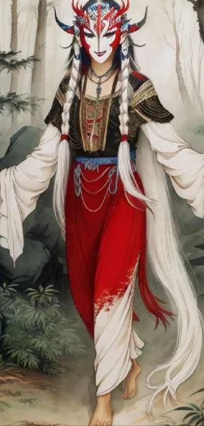 Mystical figure in a forest setting with a striking red and white costume.