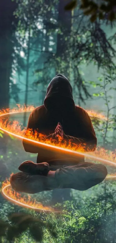 Hooded figure levitating with fiery ribbons in mystical forest.