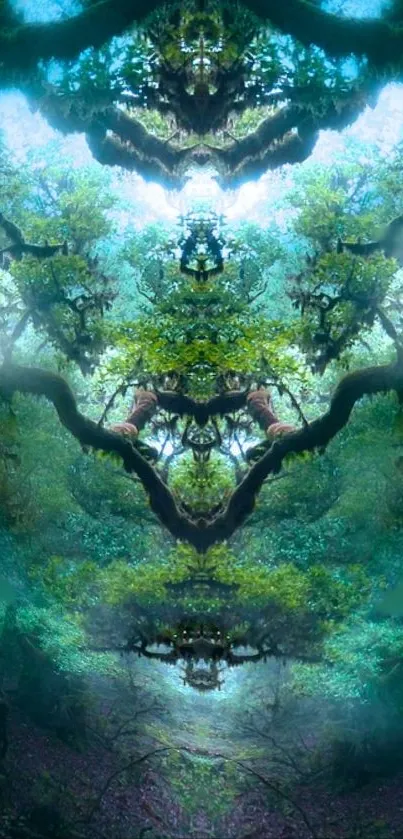 Mystical mirrored forest with lush green trees.