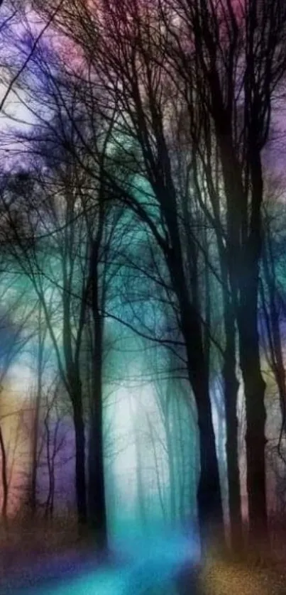 Mystical forest with colorful trees and dreamy atmosphere for mobile wallpaper.