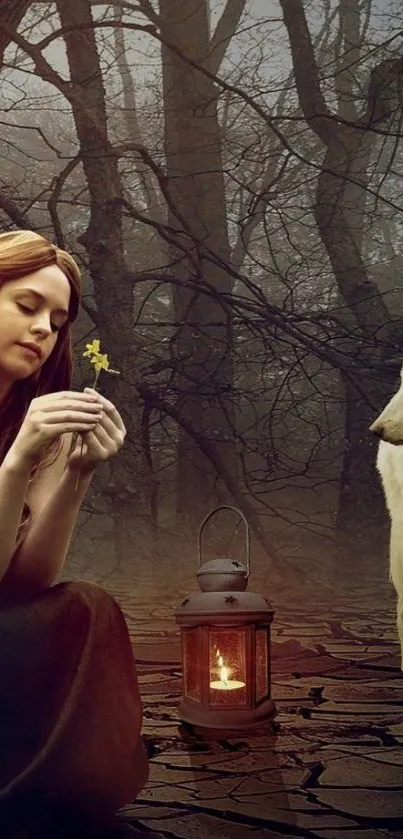 Mystical forest with woman, wolf, and lantern.