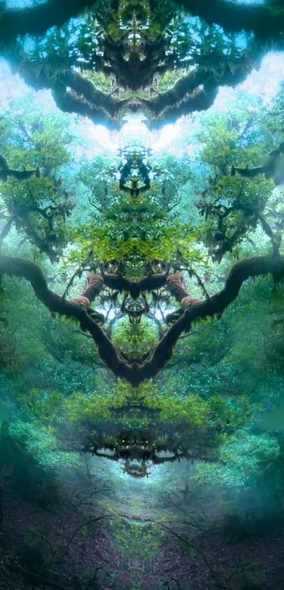 Mystical forest mobile wallpaper with green hues and mirrored tree reflections.