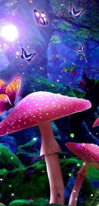 Pink mushrooms and butterflies in a mystical forest wallpaper.