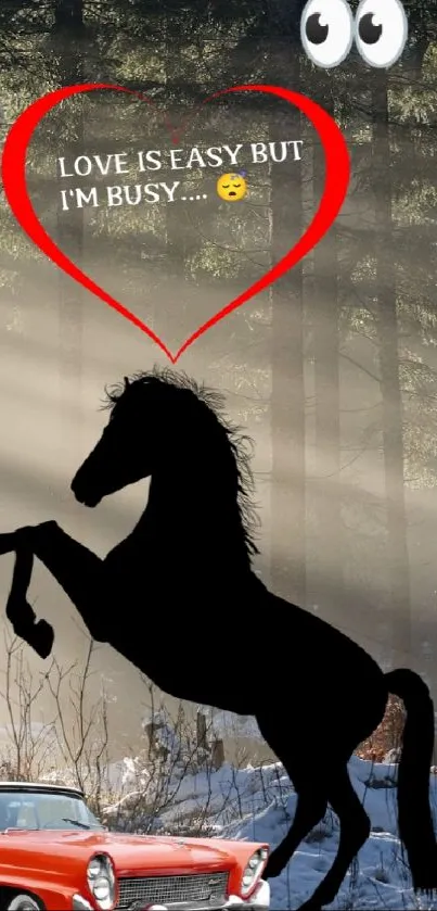 Silhouette horse and vintage car in a mystical forest wallpaper.