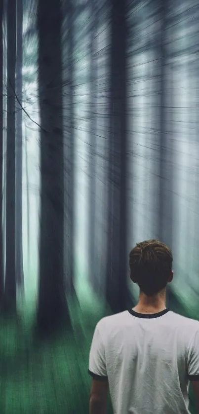 Mystical forest wallpaper with blurred trees and lone figure.