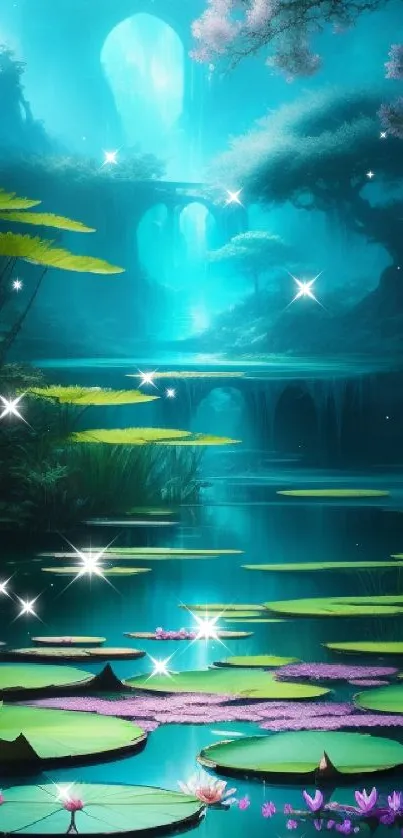 Mystical forest wallpaper with teal waters.