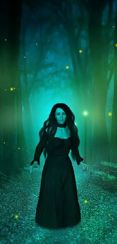 Mysterious woman in a glowing, mystical forest with fireflies.