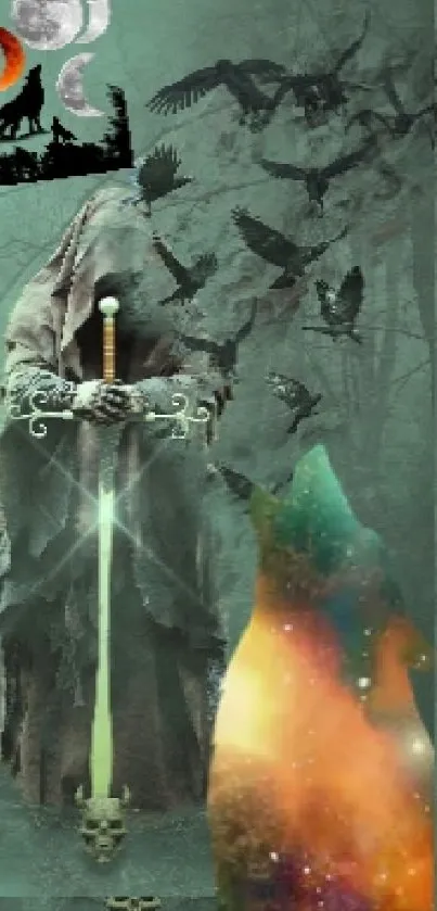 Hooded figure with a glowing sword in a mystical forest setting.