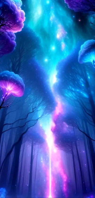 Mystical forest with blue and purple hues and cosmic sky on mobile wallpaper.