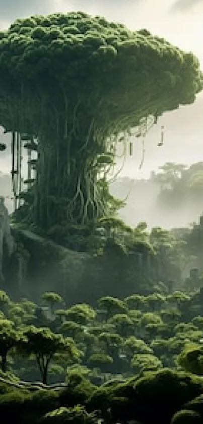 A mystical forest with towering trees and lush greenery in fantasy style.
