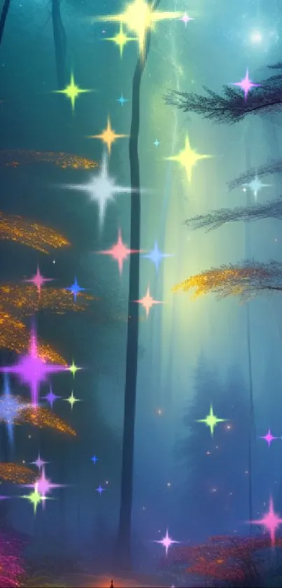 A mystical forest with glowing lights and towering trees, perfect for nature lovers.