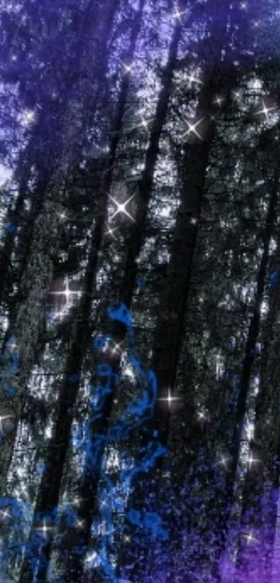 Mystical forest with stars in a purple night landscape.