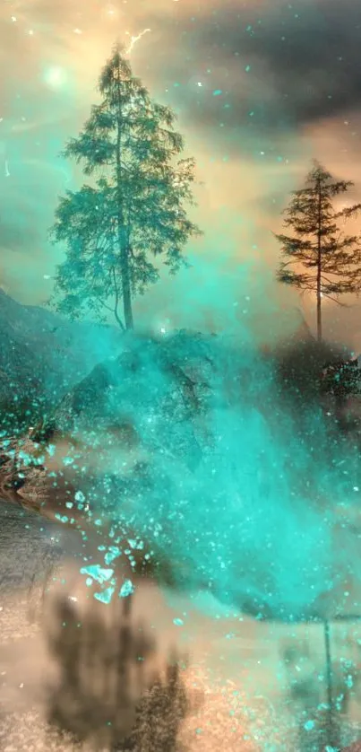 Mystical forest wallpaper with turquoise mist and serene trees.