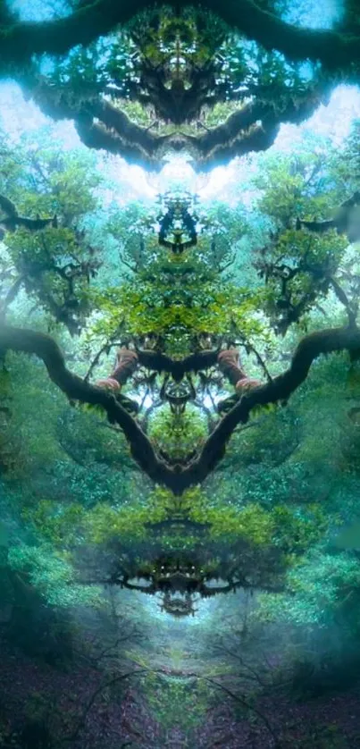 Mystical emerald green forest wallpaper with symmetrical tree branches.