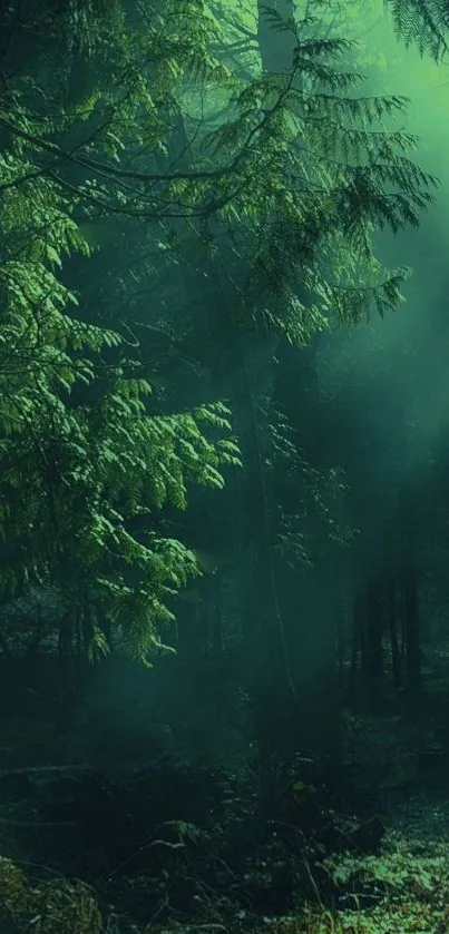 Mystical forest with sunrays through green trees.