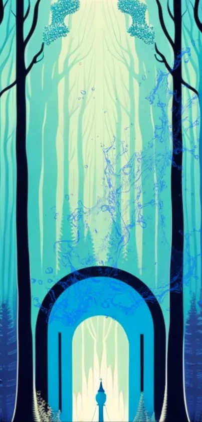 Mystical forest wallpaper with blue hues and enchanting woodland scene.