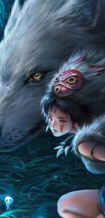 A mystical wolf with a warrior girl in a glowing forest.