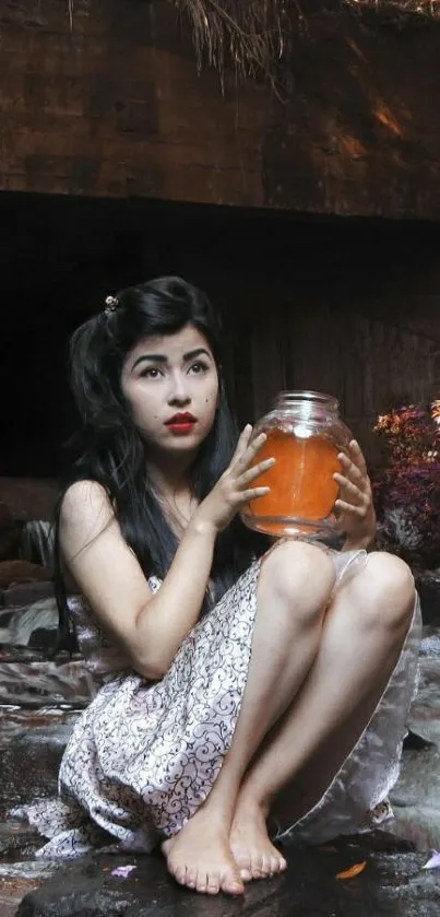 Mystical girl in forest holding a glowing jar.