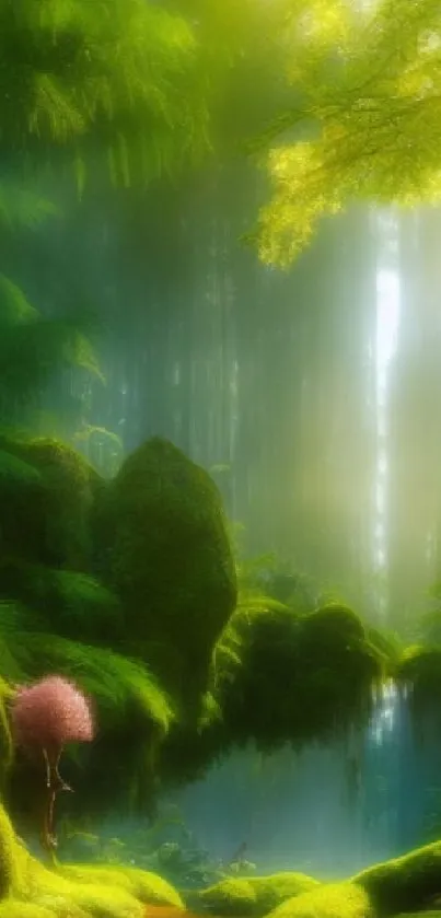 Mystical forest with lush greenery and ambient light creating a serene atmosphere.