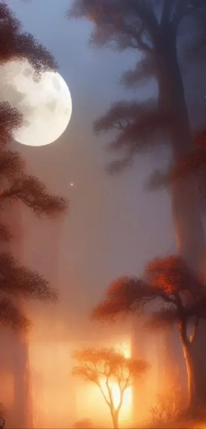 Mystical forest with moonlight and glowing trees in a serene setting.