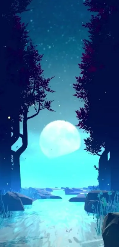 Serene mystical forest under moonlight, with dark tree silhouettes and a luminous moon.