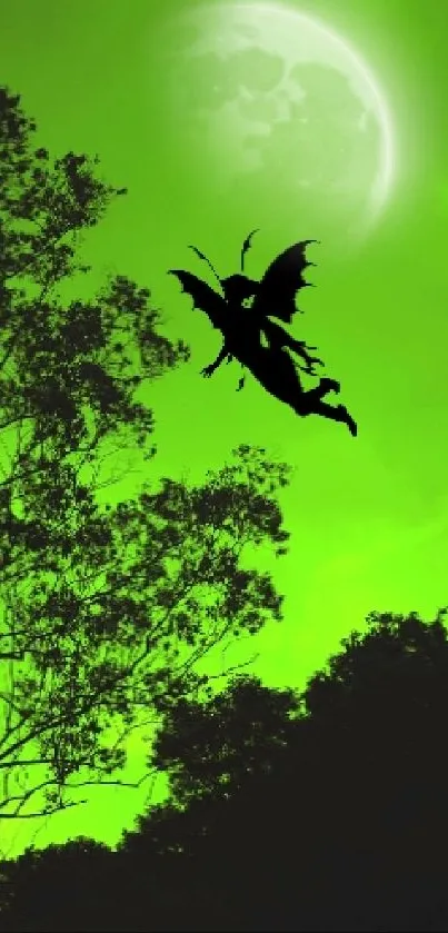 Flying creature in neon green moonlit forest.