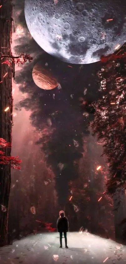 Mystical forest with moon and planets in vibrant red hues.