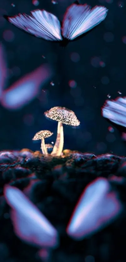 Mystical forest mushrooms with flying butterflies in dark blue tones.