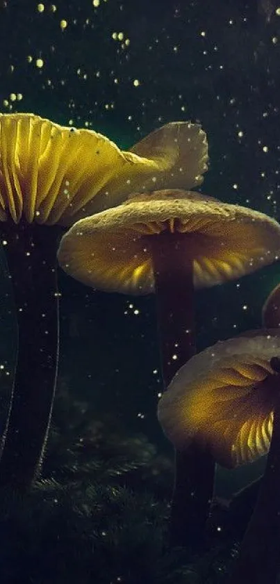 Glowing yellow mushrooms in a dark, mystical forest creating an enchanted ambiance.