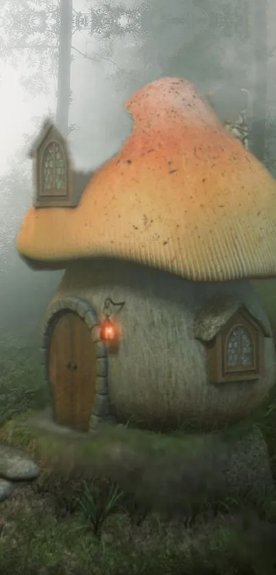 Mushroom house in mystical forest setting.