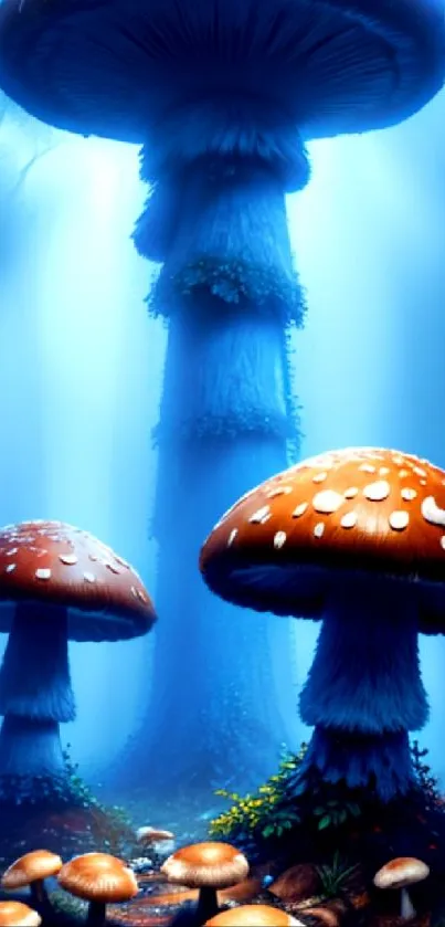 Mystical forest with blue hues and towering mushrooms creating an enchanting atmosphere.