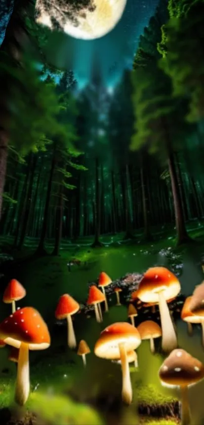 Mystical forest with glowing mushrooms under a moonlit sky.