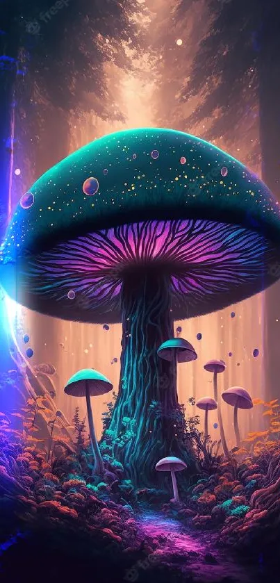 Surreal forest with glowing mushrooms and vibrant colors.