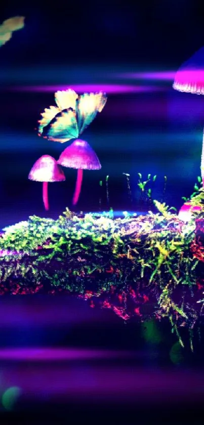 Vibrant mushrooms and butterflies on a mossy branch in a mystical forest setting.