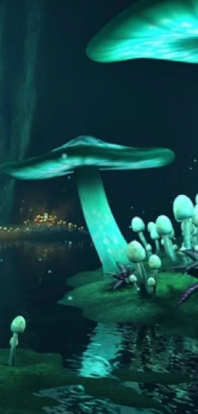 Mystical forest wallpaper with glowing mushrooms.