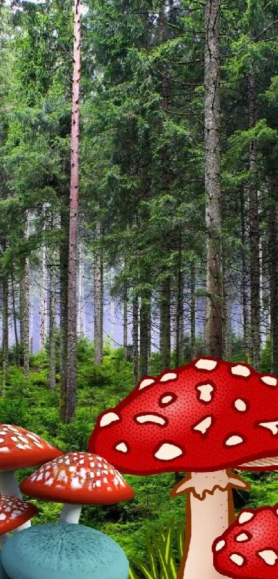 Cartoon mushrooms in a lush forest backdrop.