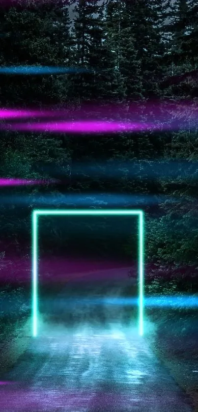 A dark forest with a glowing neon portal on a quiet path.