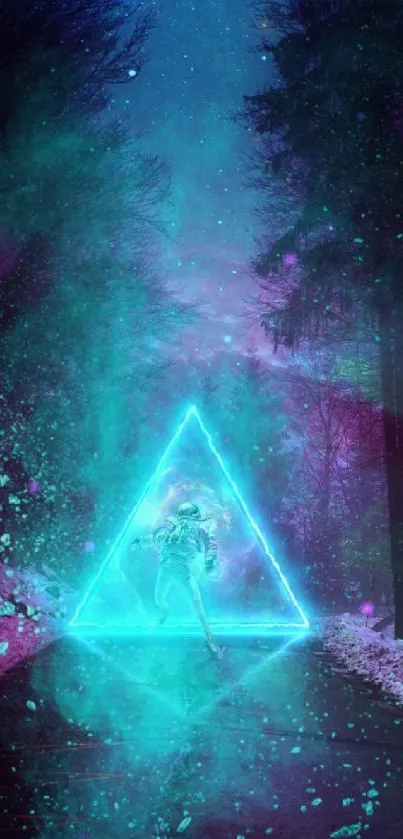 Neon triangle in mystical forest night scene with vibrant cosmic colors.