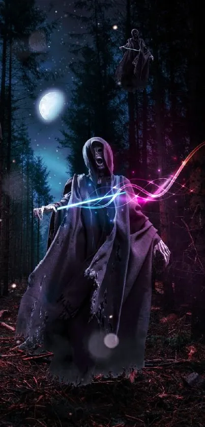 Mystical robed figure in a neon-lit forest at night.