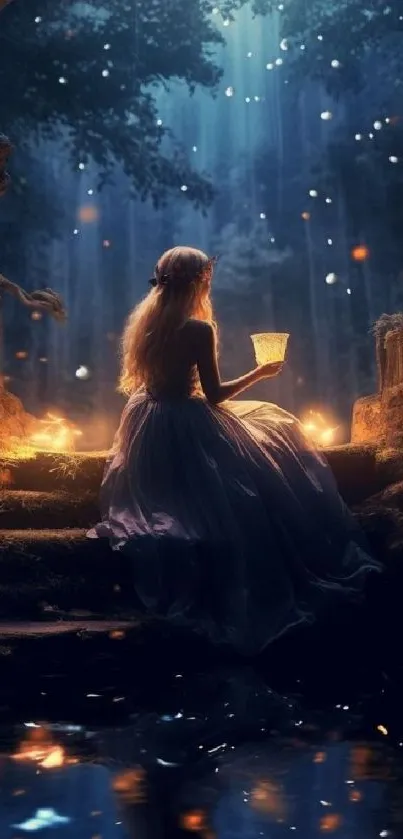 Enchanting night scene with girl in forest, glowing light, and magical ambiance.