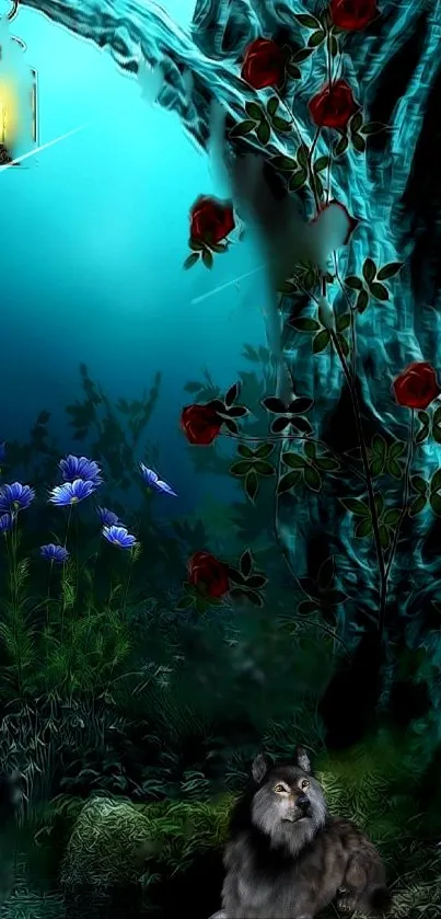 Mystical forest wallpaper featuring blue light, flowers, and a wolf.