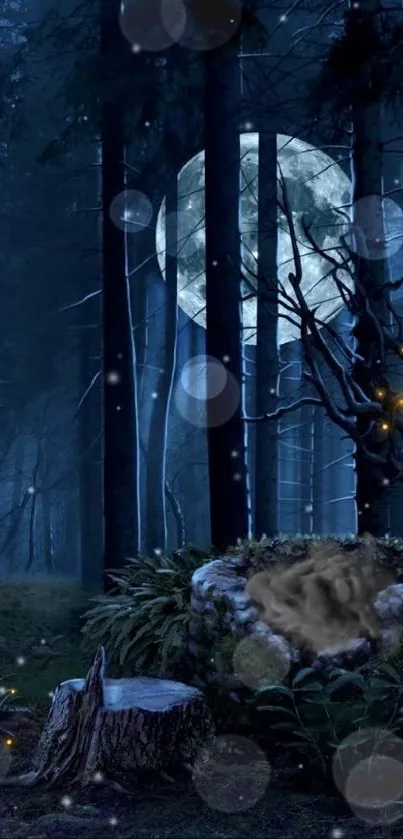 Magical forest scene with full moon and dimly lit shadows.