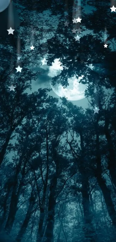 Mystical forest under moonlit sky with stars.