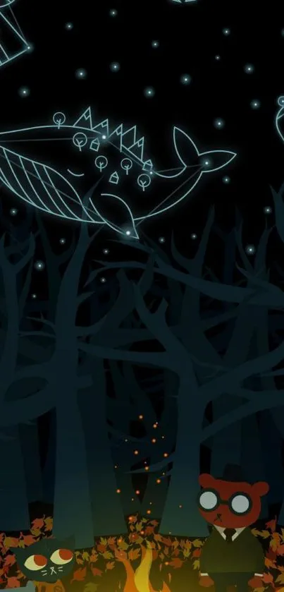 Whimsical night sky wallpaper with animal constellations in a dark forest.