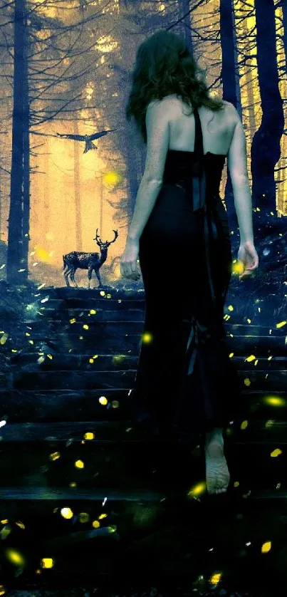 Woman in forest with glowing lights and deer at dusk, enchanting wallpaper.